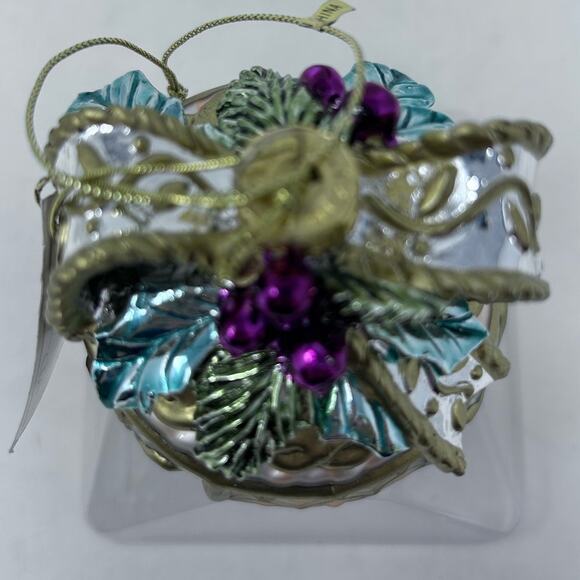 Fitz and Floyd Glass Ornament Snowy Woods Motif Gold Blue Purple Bow - Picture 6 of 10
